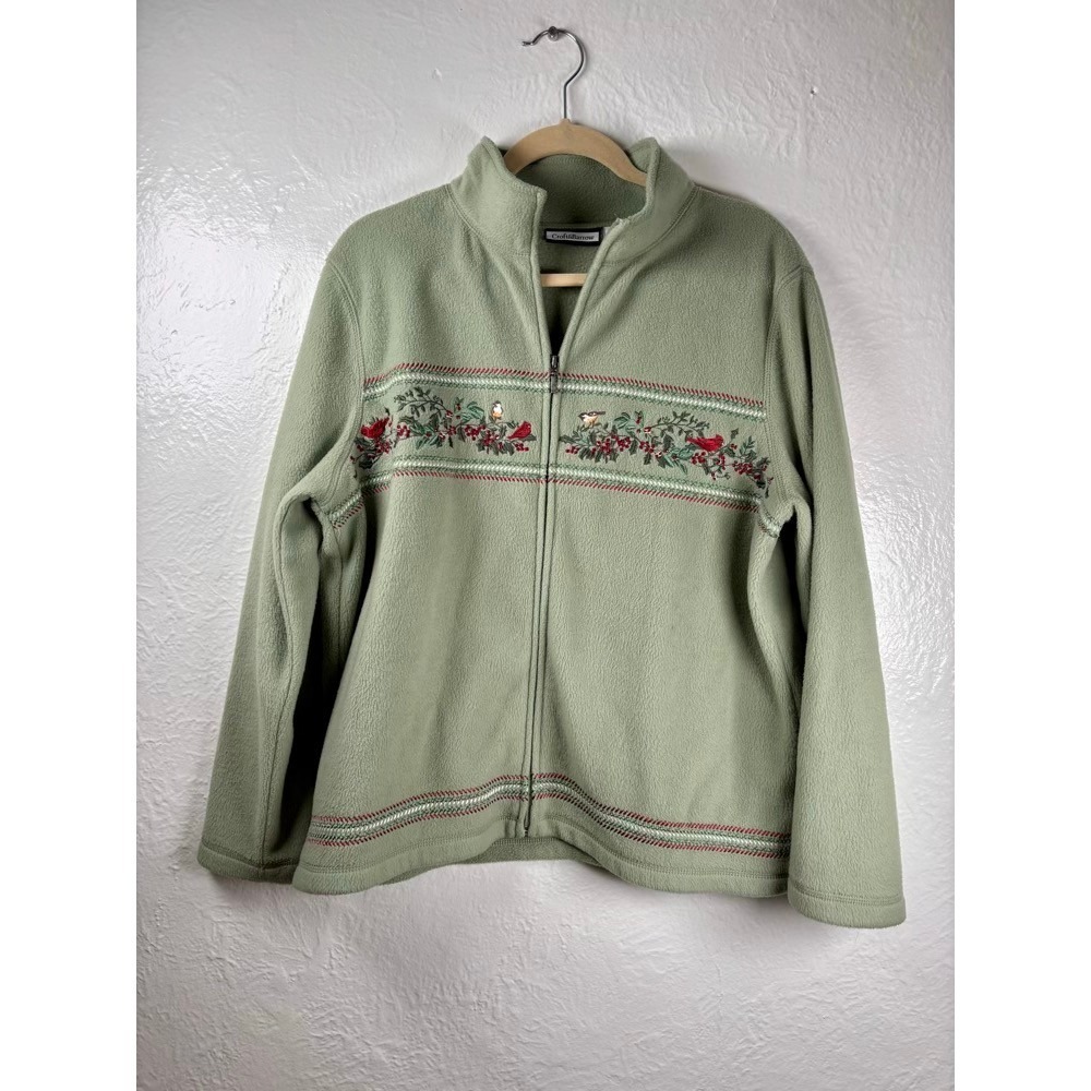 Womens Large Sage Green Fleece‎ Jacket Embroidered Birds Cottagecore Grannycore